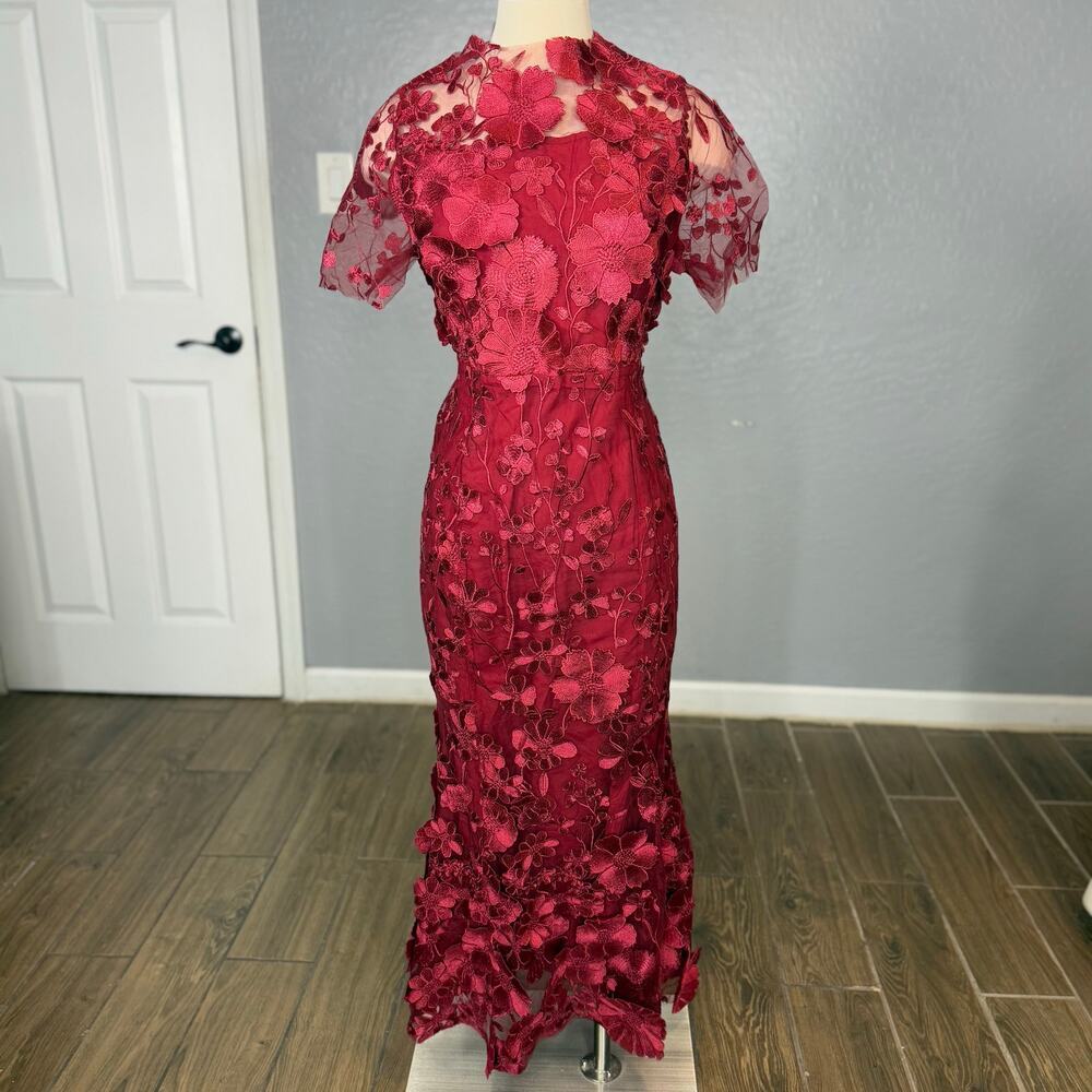 Dalia Macphee Burgundy Floral Lace 3D Embroidered Maxi Dress, L